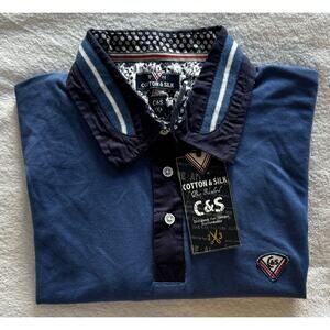 Cotton & Silk 100% Cotton Men's S/S Polo Shirt XXL Blue w/Black & Striped Collar